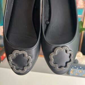 Sam & Libby Black Ballet Flats Women’s 10 Rhinestone Flower Comfort Shoes
